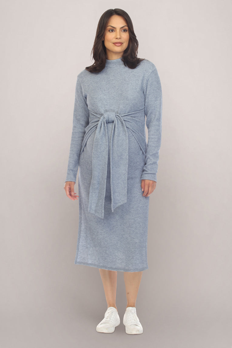 Blue Long Sleeve Maternity Midi Maternity Dress with Bow Front M Blue Long Sleeve Maternity Midi Maternity Dress with Bow Front M