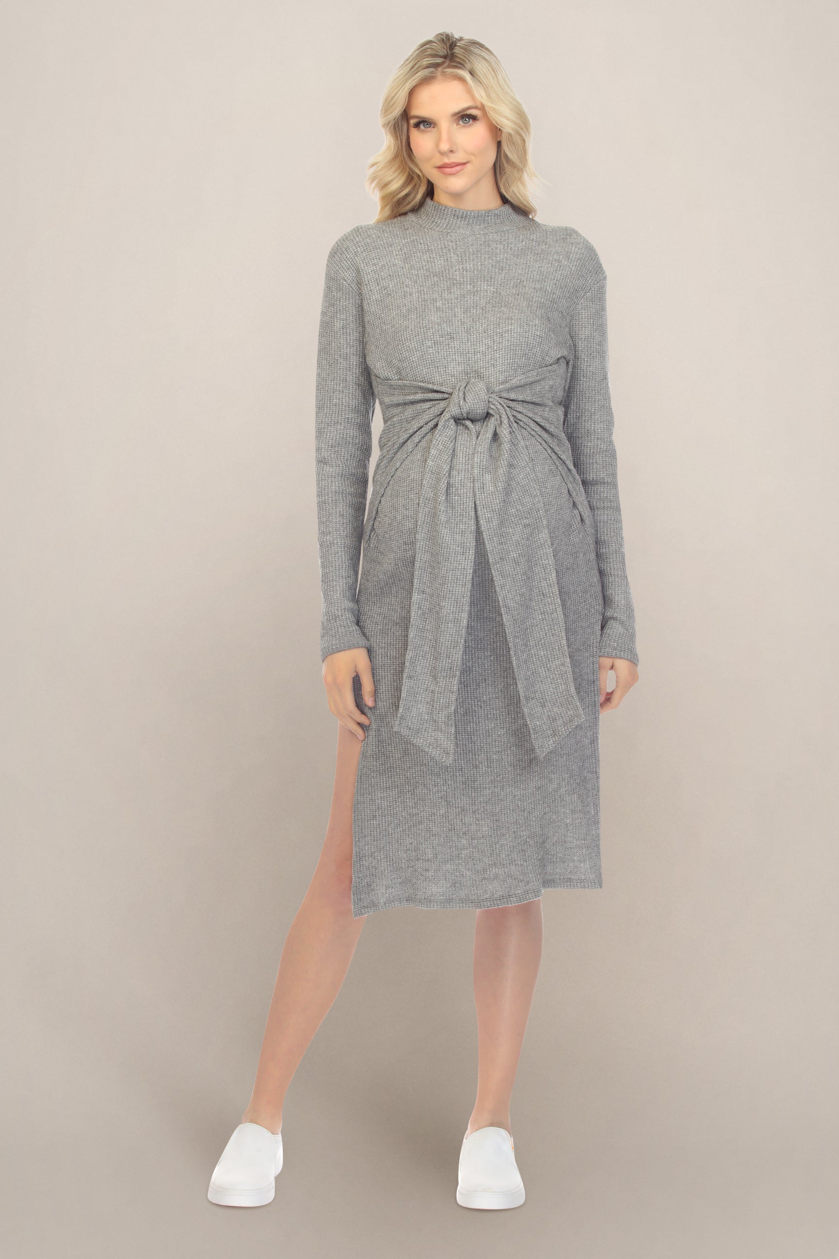 Gray Charcoal Long Sleeve Maternity Midi Dress with Bow Front S Gray Charcoal Long Sleeve Maternity Midi Dress with Bow Front S