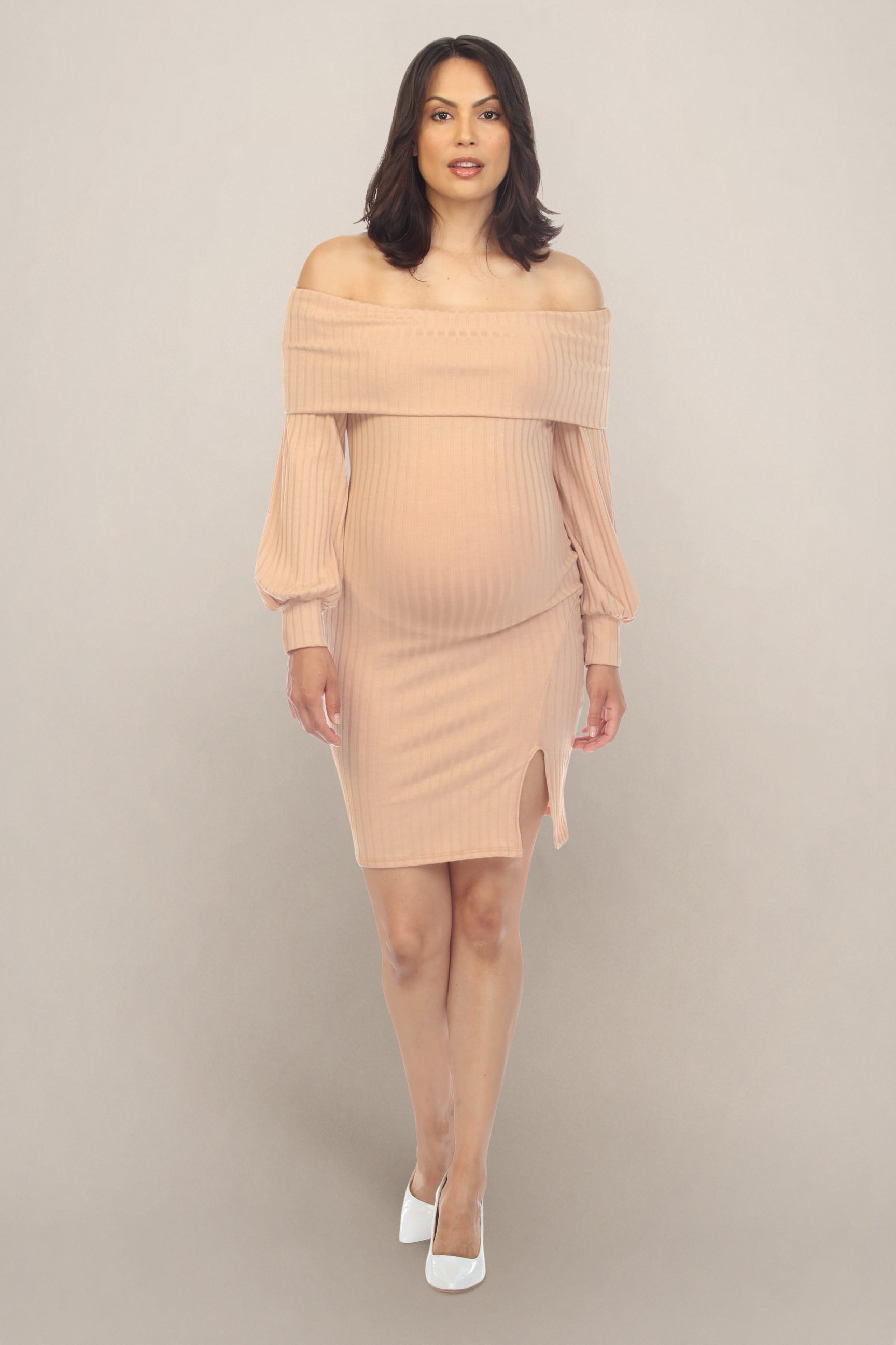 Sexy Khaki Long Sleeve Maternity Dress with Folded Neckline L