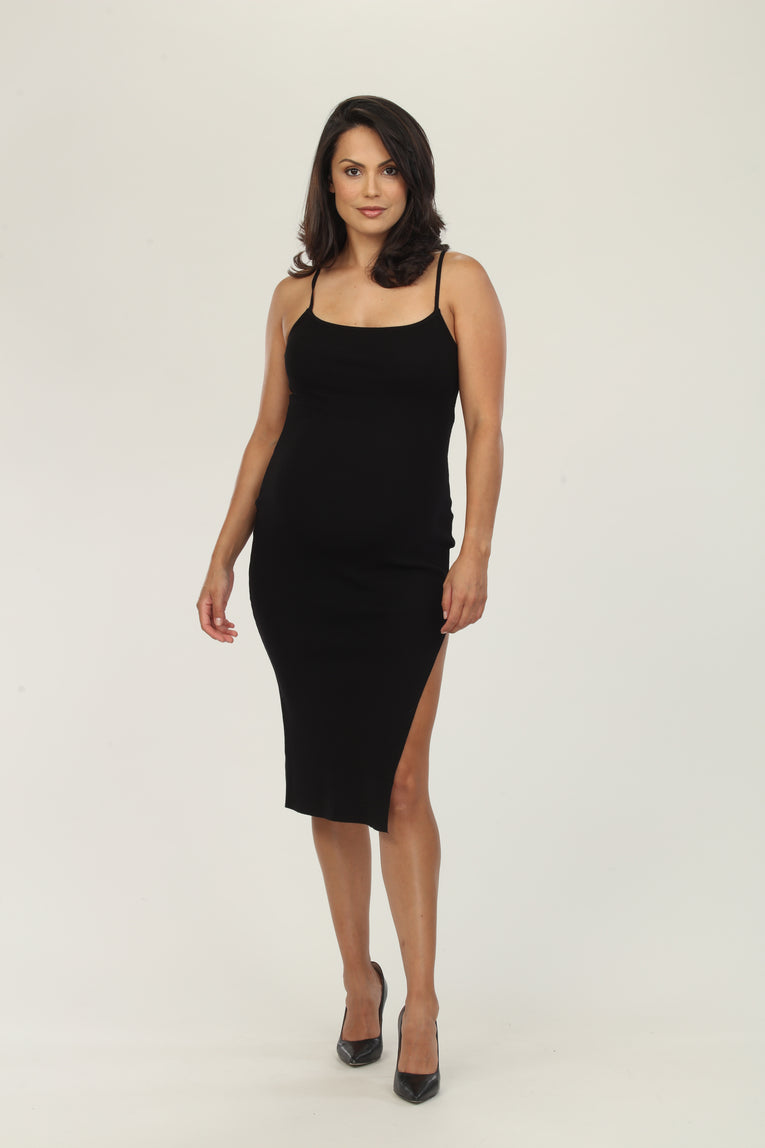 Matt Black Slit Maternity Dress