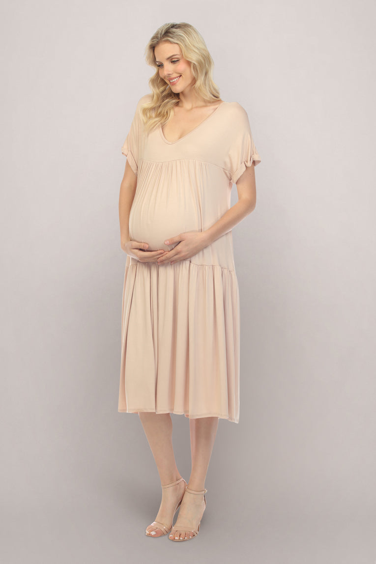 Light Mocha Brown Maternity Midi Beach Dress Light Mocha Brown Maternity Midi Beach Dress