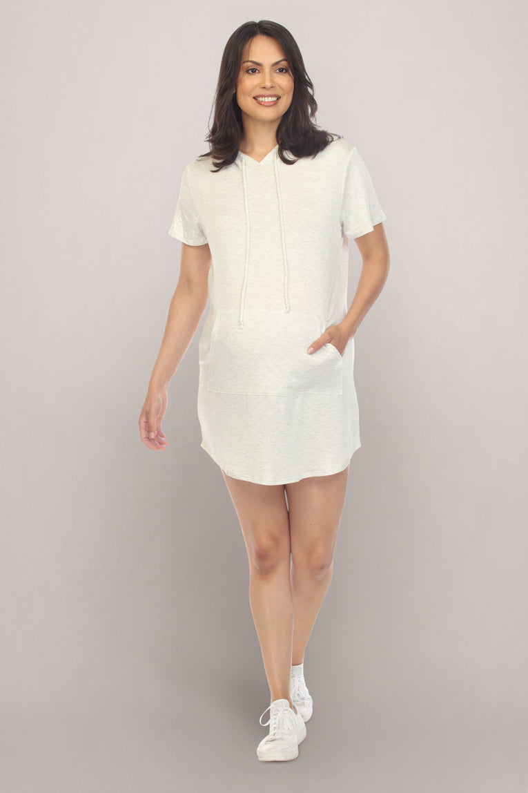 Off White Hooded Short Sleeve Maternity Sweater Dress Off White Hooded Short Sleeve Maternity Sweater Dress