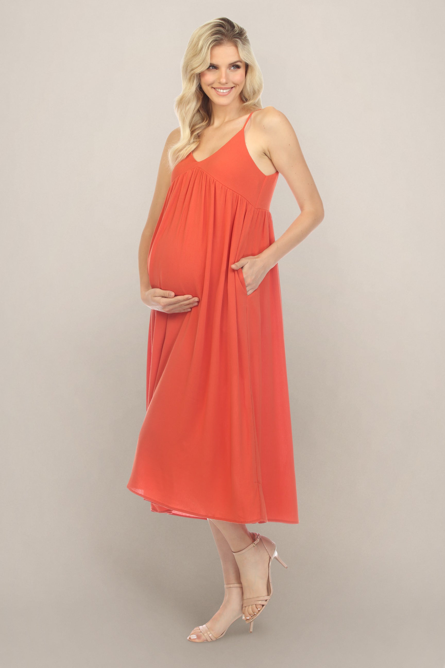 Be Cool Orange Empire Waist Midi Maternity Dress M