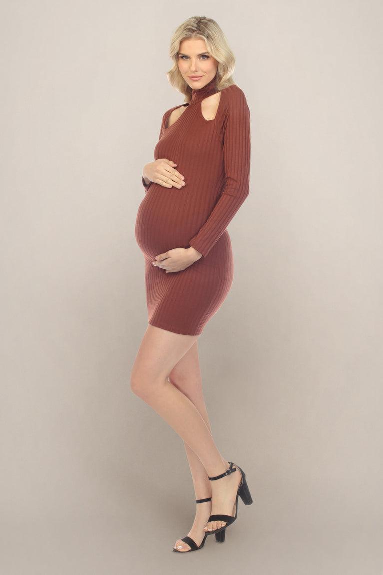 Red Brown Maternity Bodycon Dress with Collar Cut Outs Red Brown Maternity Bodycon Dress with Collar Cut Outs
